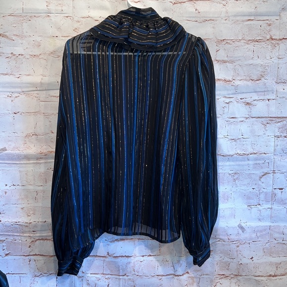 John Yang Shirt Womens 12 Blue Black Striped Long Sleeve Blouse Ruffle High Neck - Picture 6 of 12